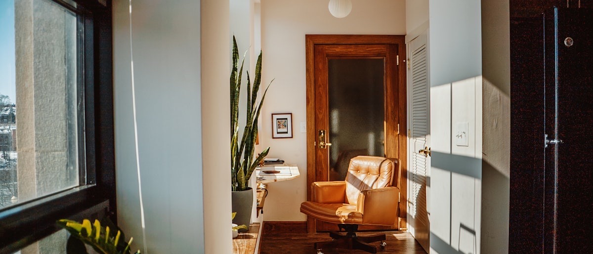 Sunlit Wald Psychology office corner with a green accent chair, wood shelving, and an olive tree