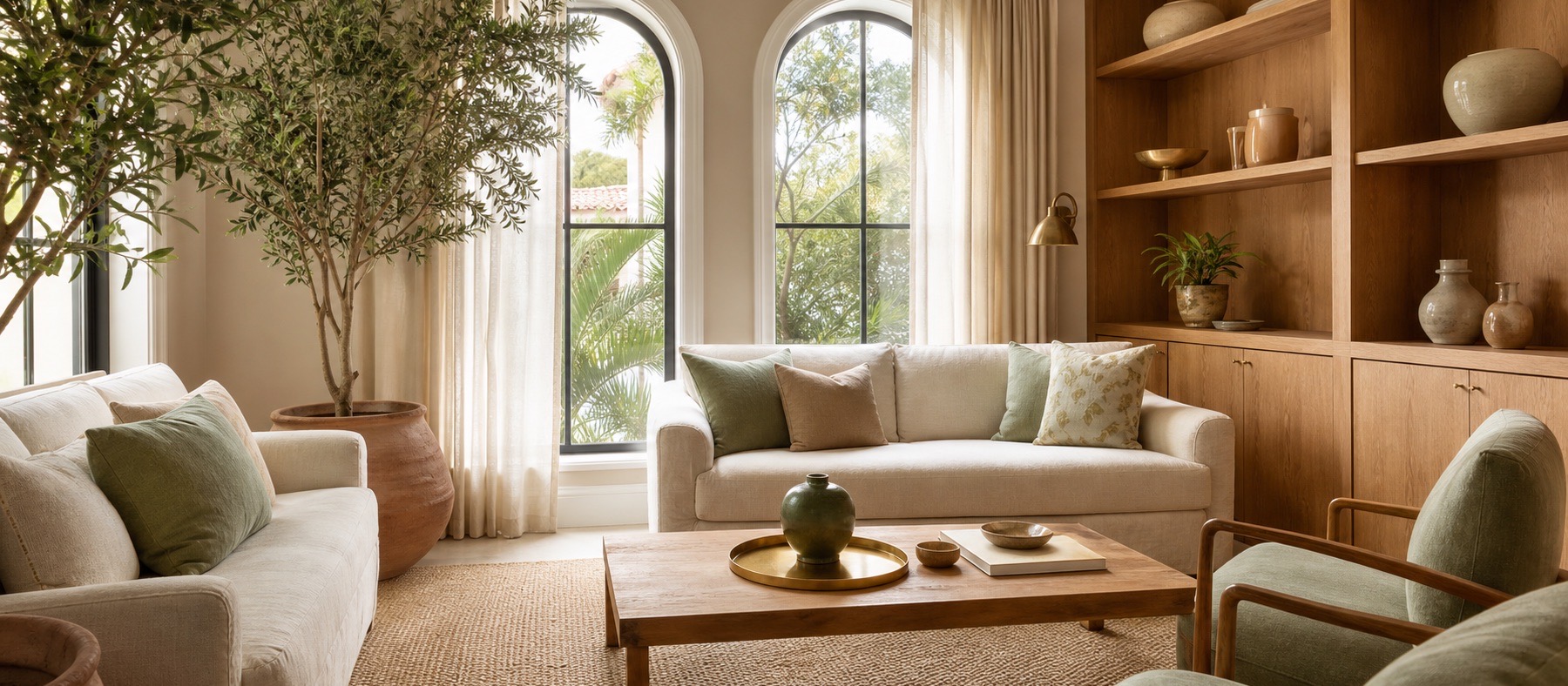 Calm therapy office in Coral Gables with cream sofas, wood shelving, and an olive tree by tall windows