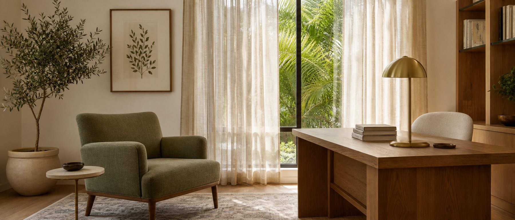 A second view of the Wald Psychology office with a green armchair, desk, and sheer curtains