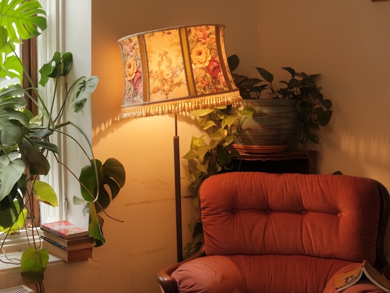 A quiet reading corner with a cane armchair, a lamp, and a framed diploma on a warm wall
