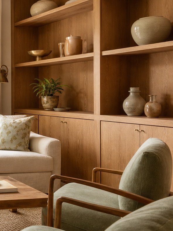 Warm oak shelving with ceramics and a brass reading lamp in the Wald Psychology office